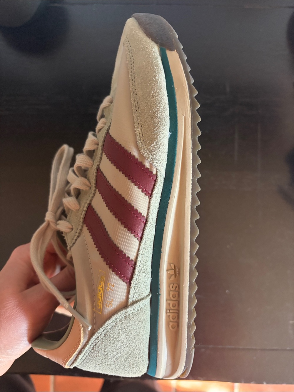 adidas Women’s Light Green Suede Sneakers with Maroon Stripes